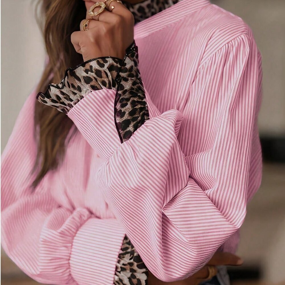 Casual Pink Women's Striped & Leopard Print Patchwork Button Down Shirt